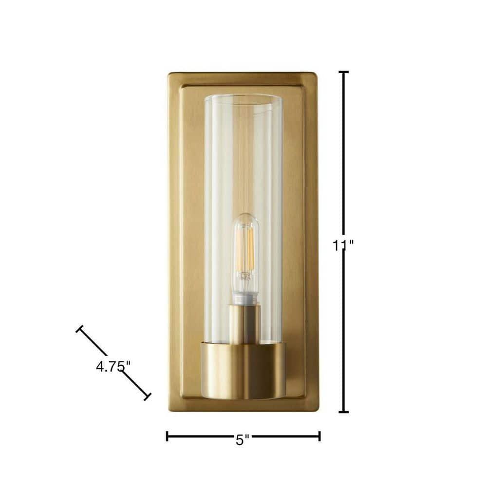 Closmere 5 in. 1-Light Brushed Gold Mid-Century Modern Wall Sconce with Clear Glass Shade