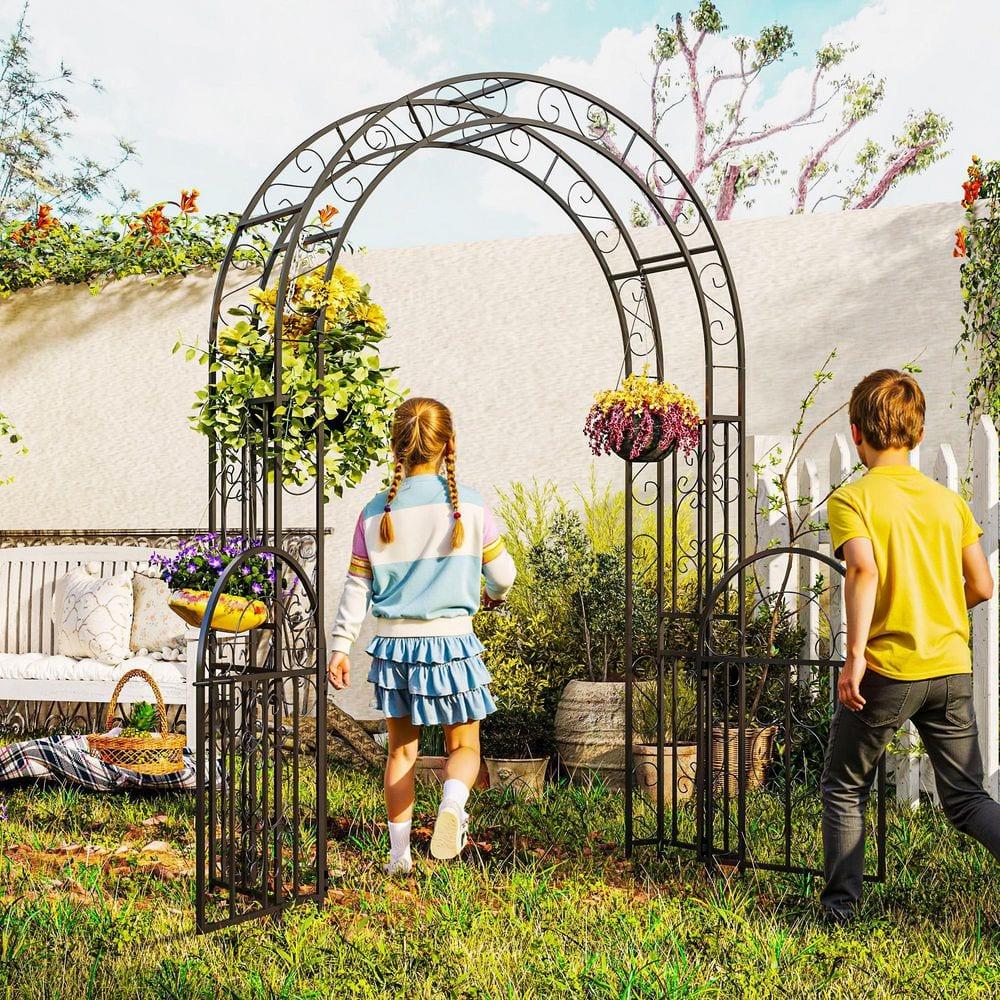 Outsunny 7.4ft Steel Garden Arch with Gate, Garden Arbor Trellis, Black