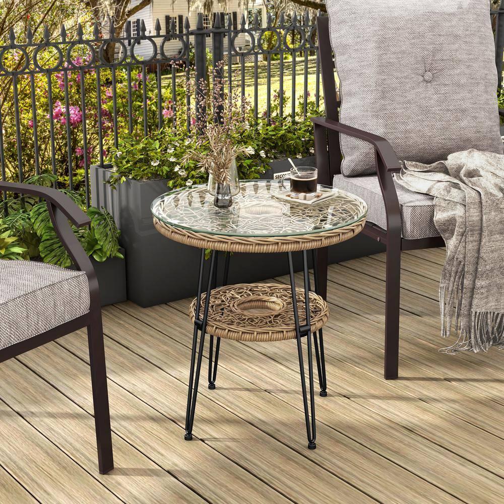 Furniture of America Noma Round 1-Shelf Metal and Rattan Natural Coffee Table with Glass Top