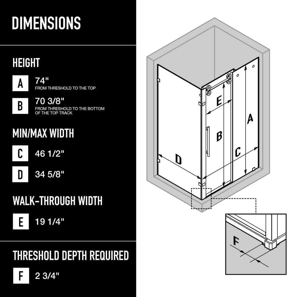 VIGO Winslow 48" W x 36" D x 80" H Sliding Frameless Shower Enclosure with 3/8  Clear Glass&Base VG6051MGCL48WL