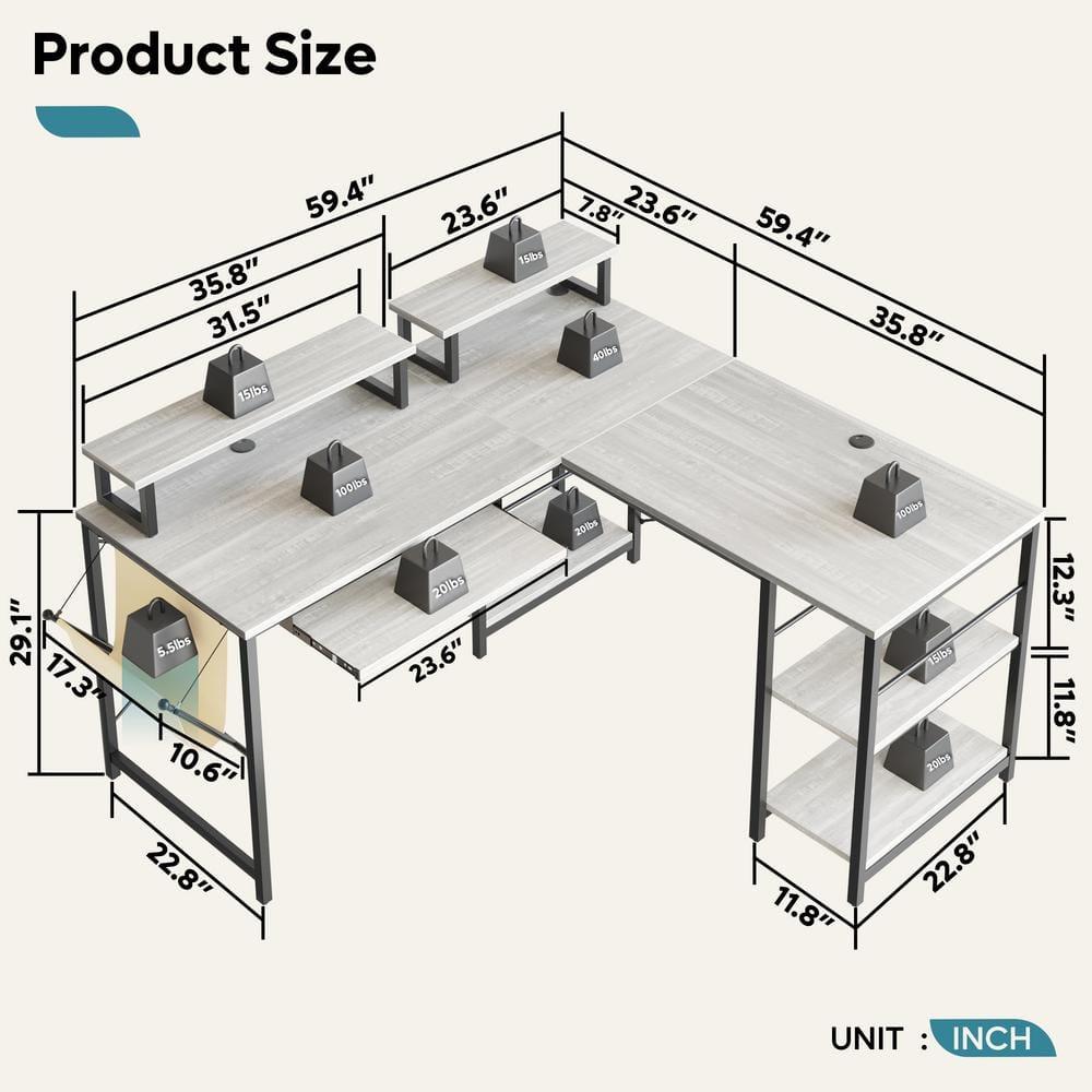 Bestier 59inch L Shaped Computer Desk with Keyboard Tray Grey