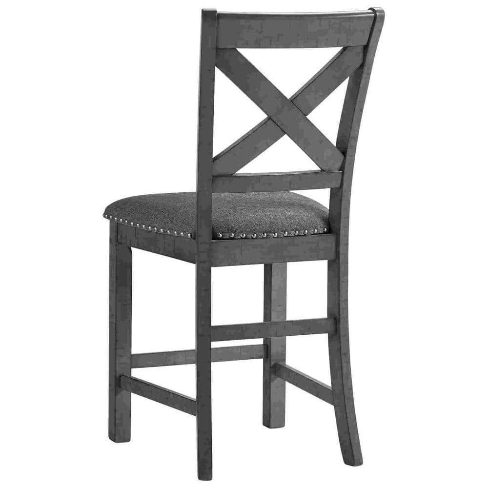 Barstool with Wooden X Shaped Back and Fabric Seat, Set of 2, Gray