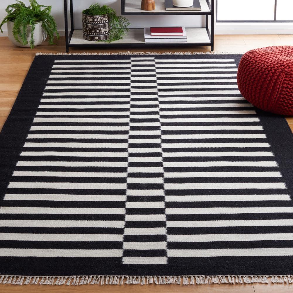 Striped Kilim STK805 Flat Weave Accent Rug - Black/Ivory - 3'x5'- Safavieh