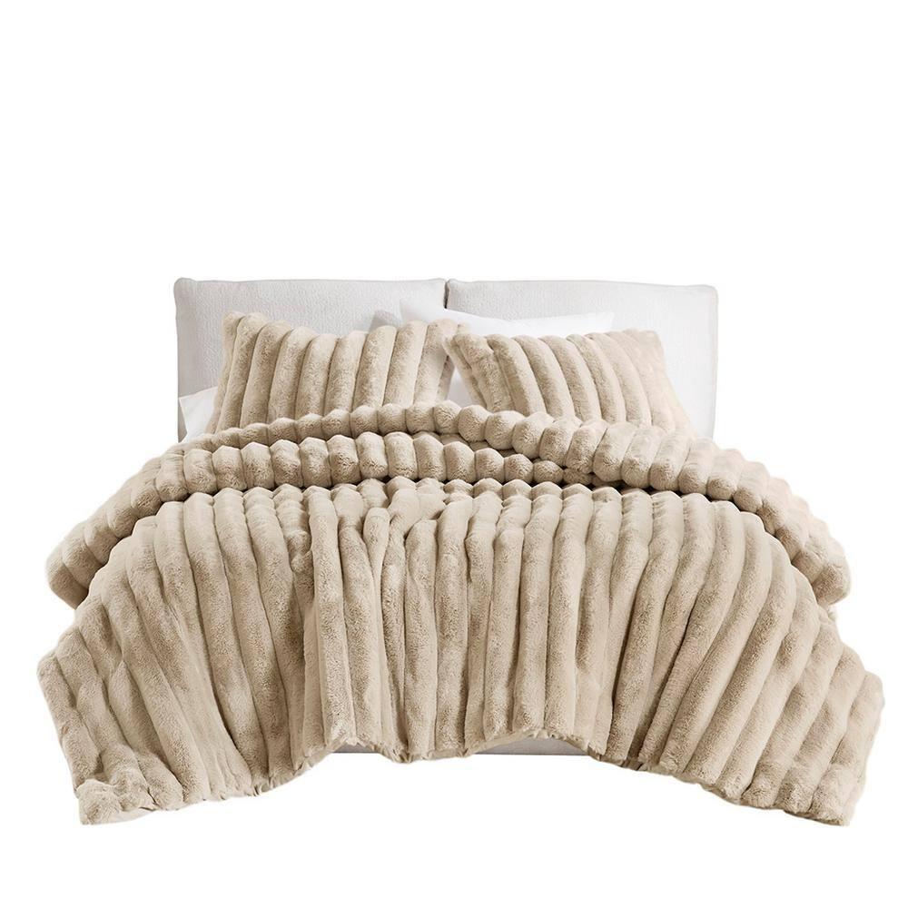 Madison Park 3pc King Dahlia Faux Fur Comforter Set Taupe