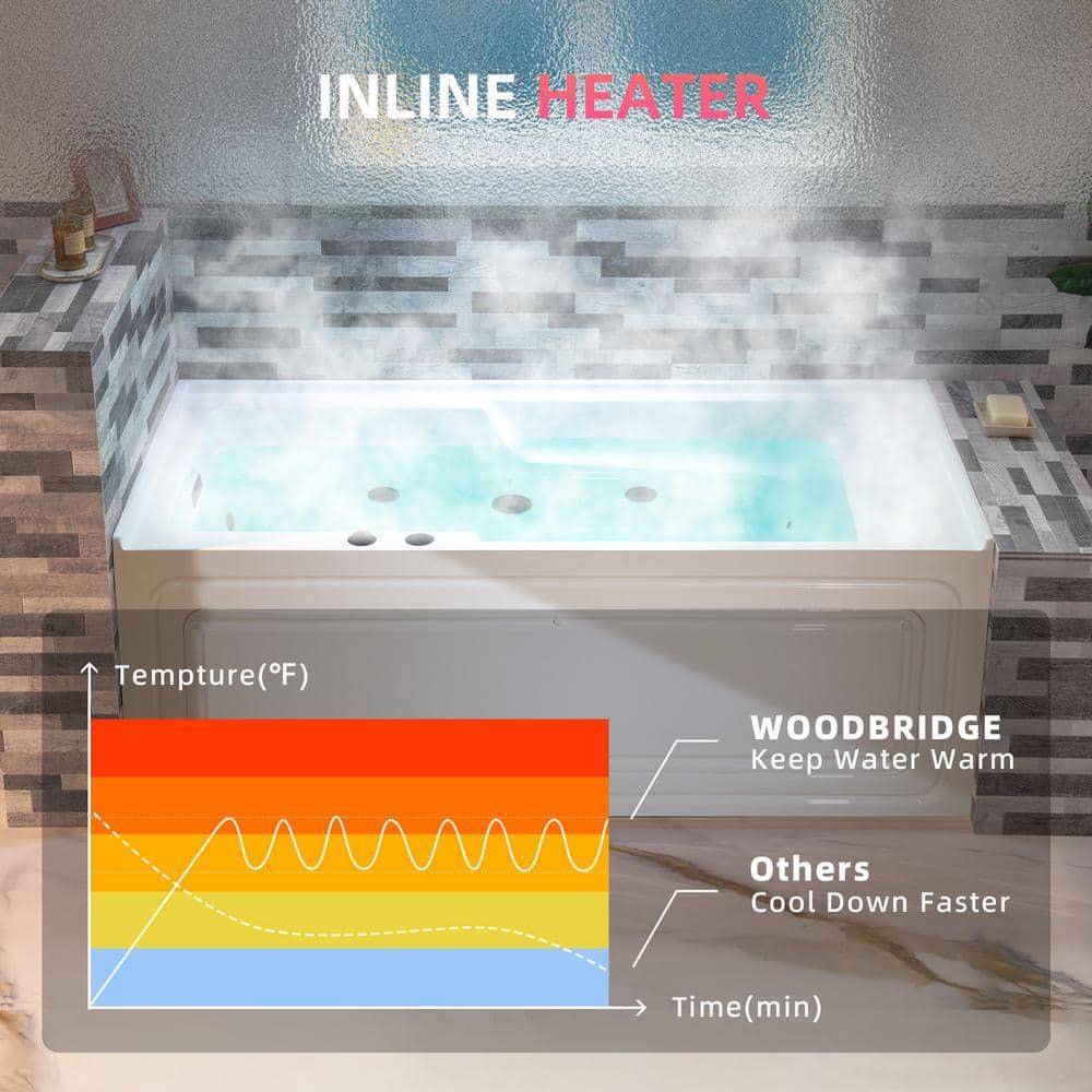 60" x 30" Whirlpool Heated Rectangular Alcove Acrylic Bathtub with Chrome/Matte Black Drain and Overflow