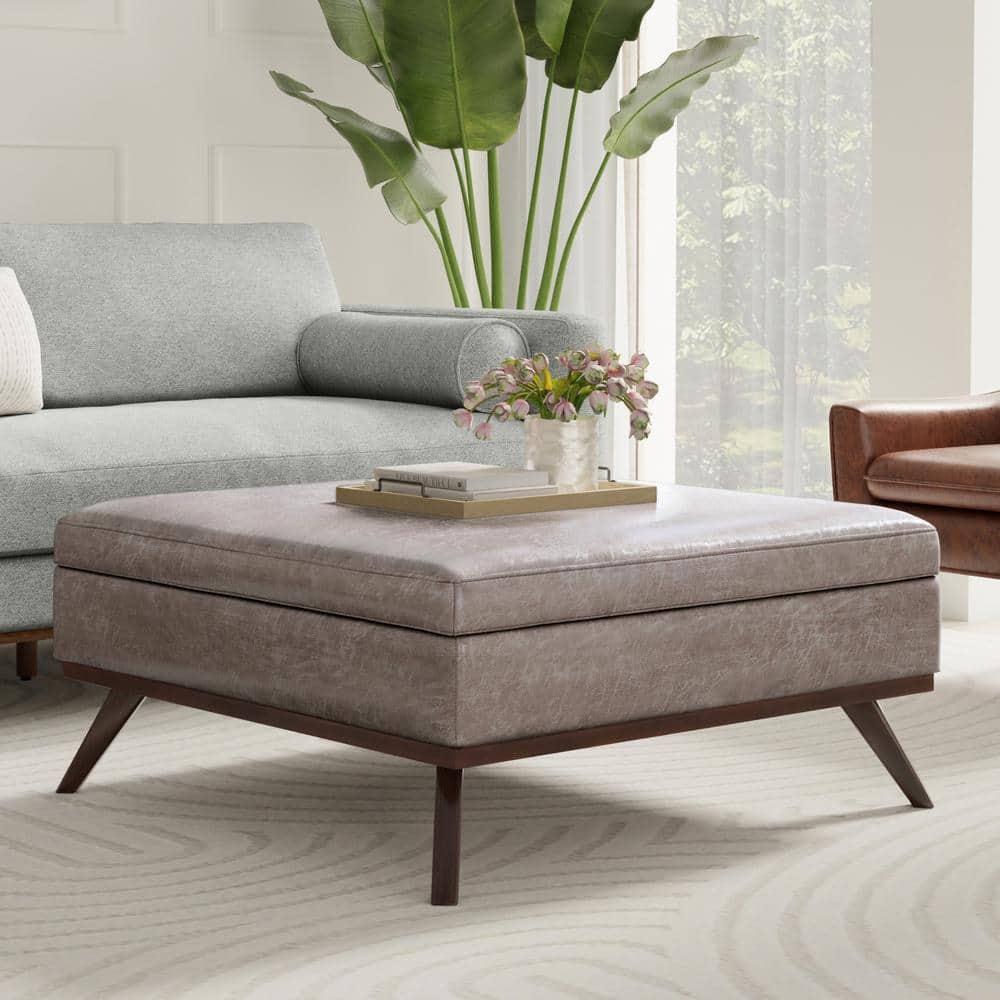 Simpli Home Owen 40"W XL Upholstered Square Coffee Table Storage Ottoman with Lift Top and Solid Wood Legs
