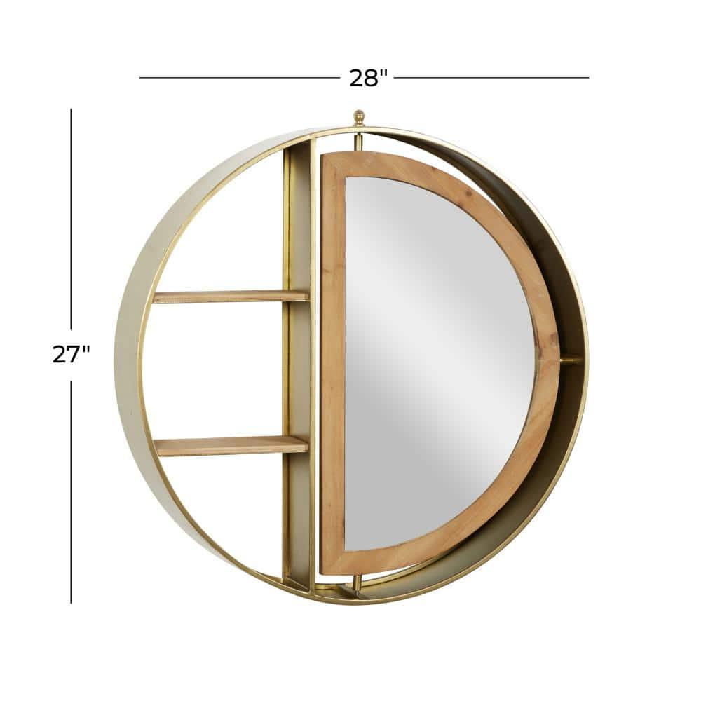 DecMode 28" x 5" 2-Tier Gold Wall Shelf with Half Moon Shaped Mirror