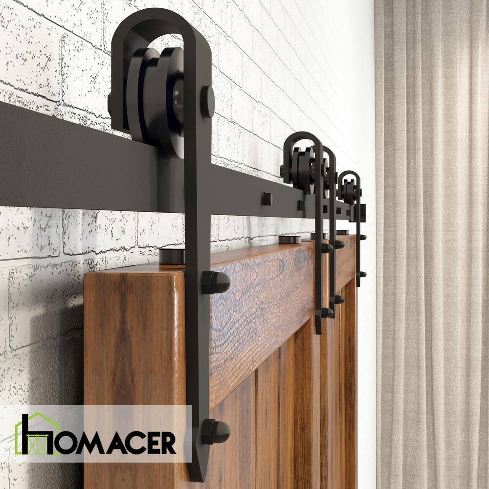 Homacer Black Rustic Sliding Barn Door Hardware Kit, for Two/Double Doors, 5.5ft Long Flat Track, Arrow Design Roller, Heavy Duty, for Interior & Exterior Use