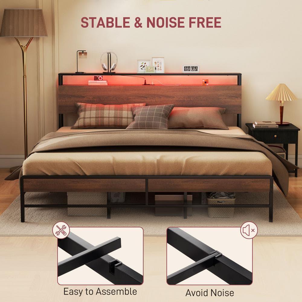 HOMCOM King Bed Frame with Headboard, King Size Bed Frame with Lights, Charging Station, Storage Shelf, Noise-Free & No Box Spring Needed, Walnut
