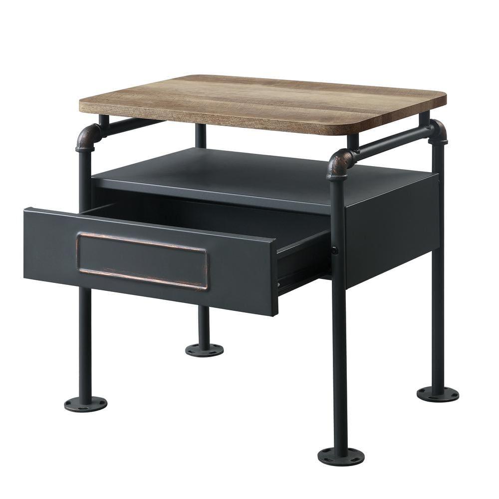 Industrial Pipe Detailed Nightstand With One Drawer And One Shelf, Antique Oak and Sandy Grey- Saltoro Sherpi