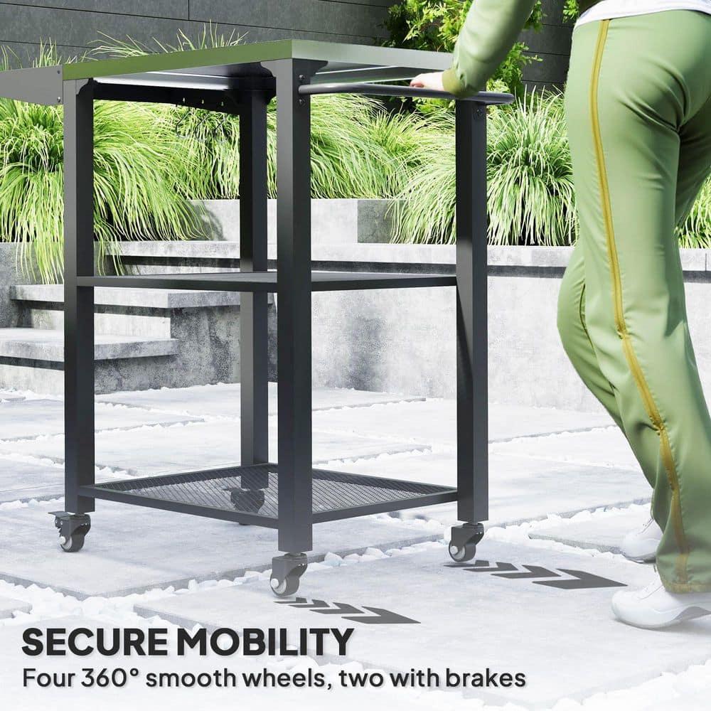 Outsunny 3-Shelf Outdoor Grill Cart Table with Foldable Side Table, Stainless Steel Tabletop, 22" x 16.1" Pizza Oven Stand with Hooks, Silver