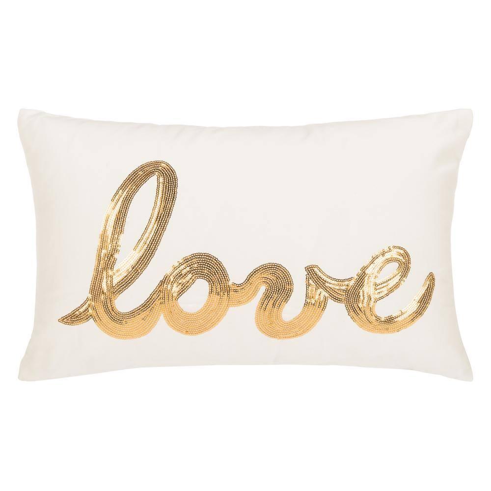 SAFAVIEH First Comes Love 12" x 18" Glam Plush Pillow, Gold/Cream