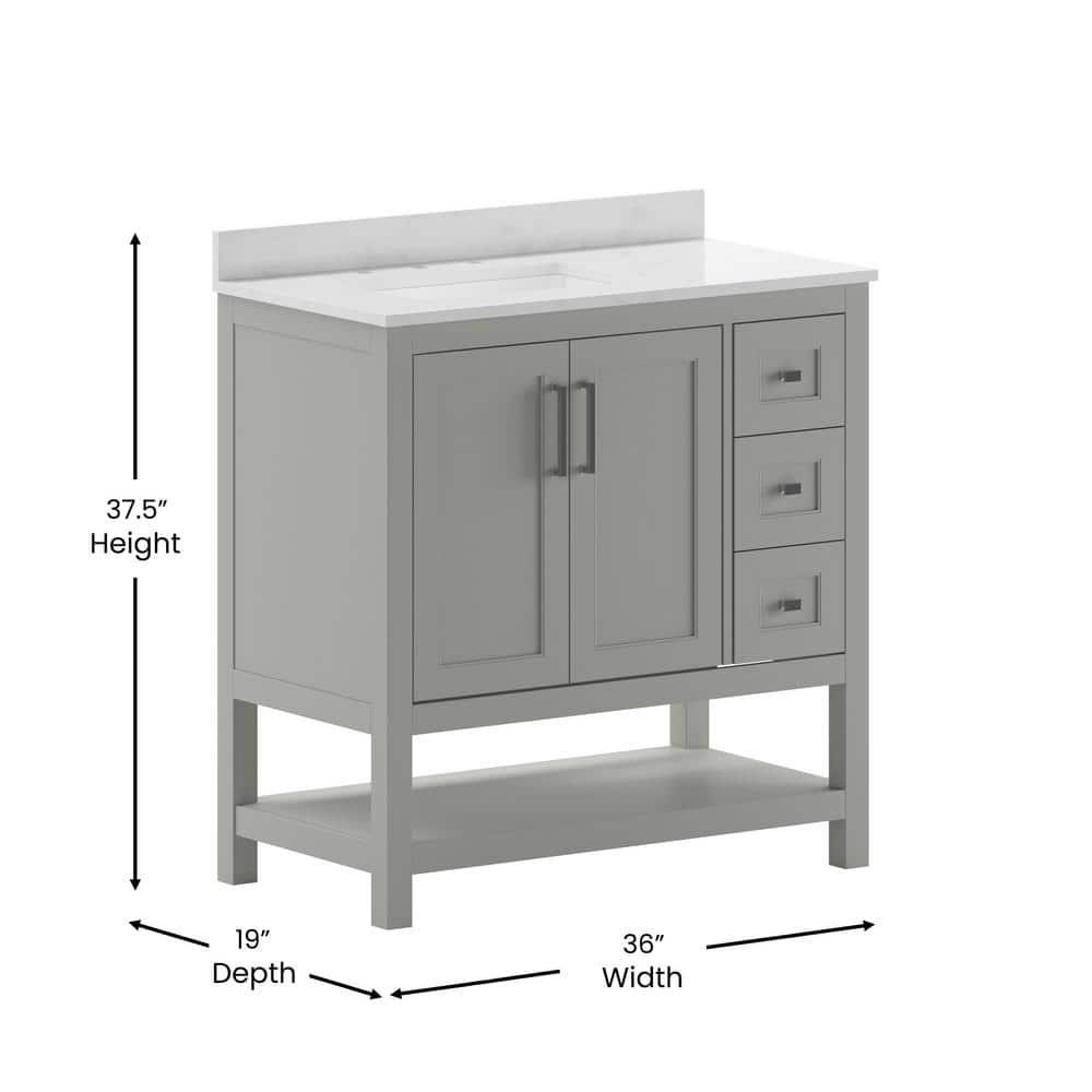 Taylor & Logan 36" Vivien Bathroom Vanity with Open Shelf and 3 Drawers Gray: Stoneware Top, Wood Frame, Single Basin