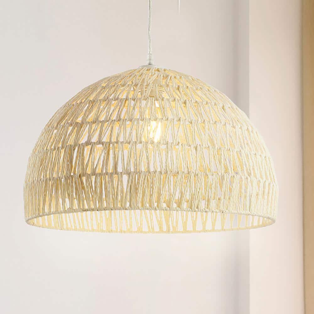 Campana 20" 1-Light Bohemian Modern Woven Rope/Iron LED Pendant, Cream