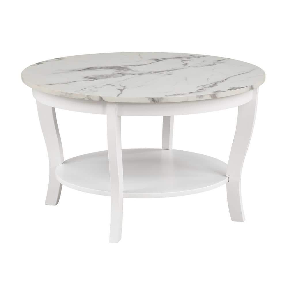 Convenience Concepts American Heritage Round Coffee Table with Shelf, White Faux Marble/White