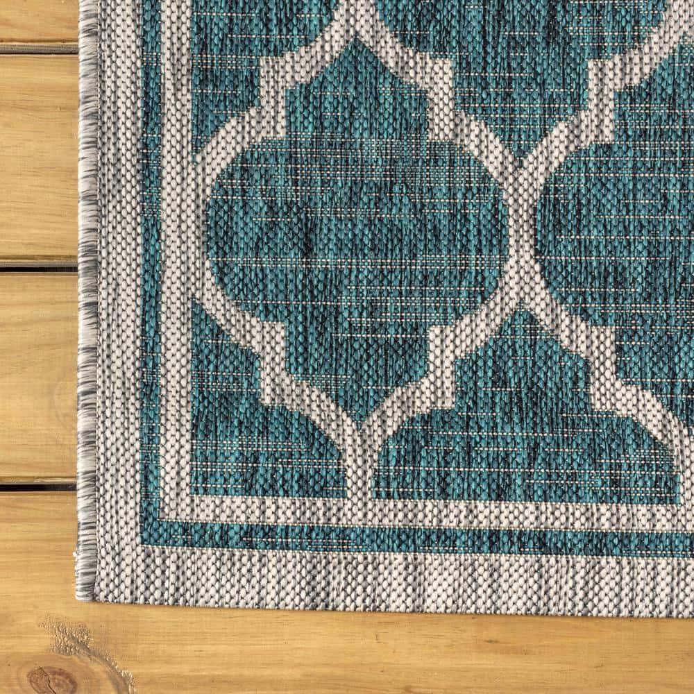 8'x10' Trebol Moroccan Trellis Textured Weave Indoor/Outdoor Area Rug, Teal/Gray - JONATHAN Y