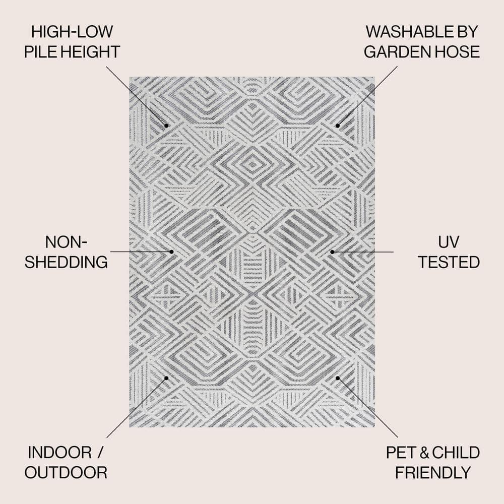 5'x8' Jordan High-Low Pile Art Deco Geometric Indoor/Outdoor Area Rug, White/Black - JONATHAN Y