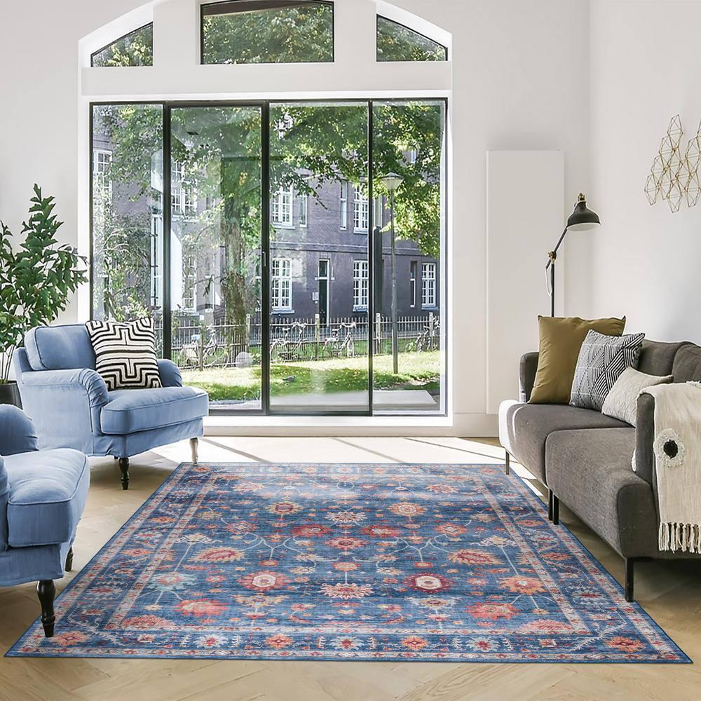 Gertmenian Crystal Print Cullen Navy Blue Multi Transitional Floral Border Washable Flat Pile Indoor Area Rug