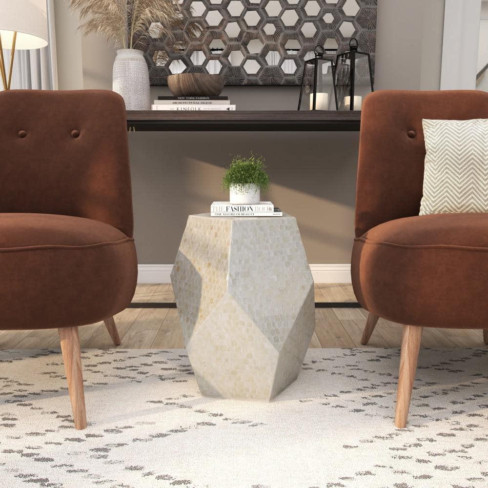 Olivia & May Contemporary Mussel Shells and Wood Accent Table Dark Gray: Hexagonal Wooden Pedestal, No Assembly Required