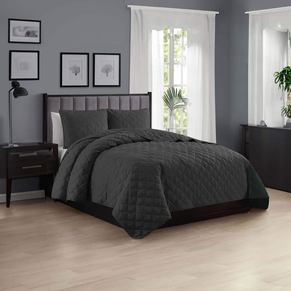 Swift Home | Essential Diamond Stitched 3-Piece Quilt Set Dark Grey Full/Queen
