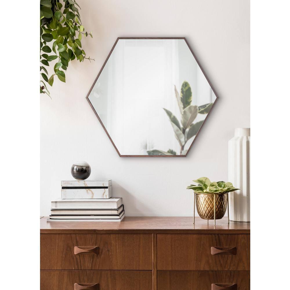 22" x 25" Rhodes Hexagon Wall Mirror Walnut Brown - Kate & Laurel: Modern Plastic Frame, No Assembly Required