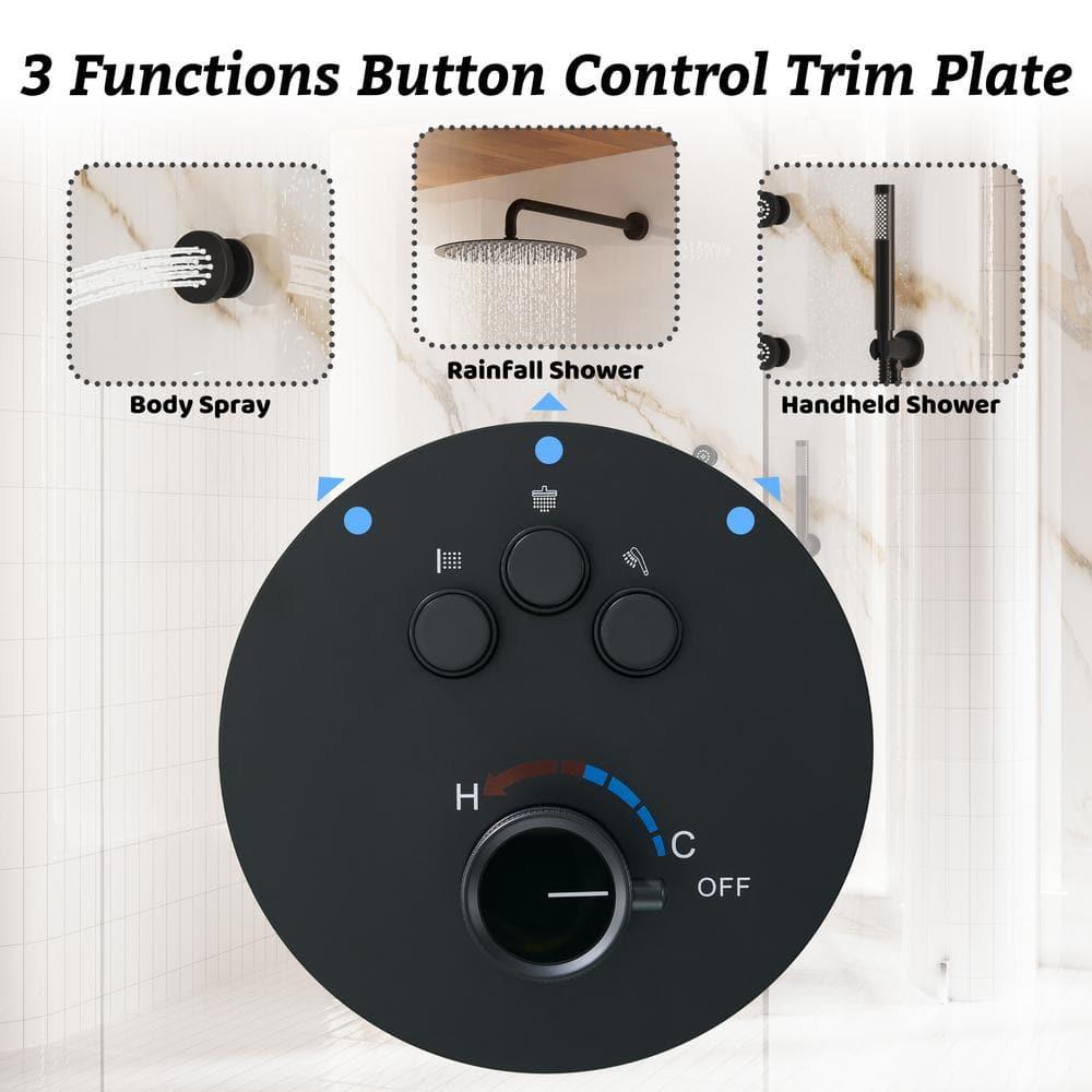CASAINC Wall Mounted Thermostatic Complete Rainfall Shower System with 6 Body Jets and Rough-in Valve CS6823-12MB