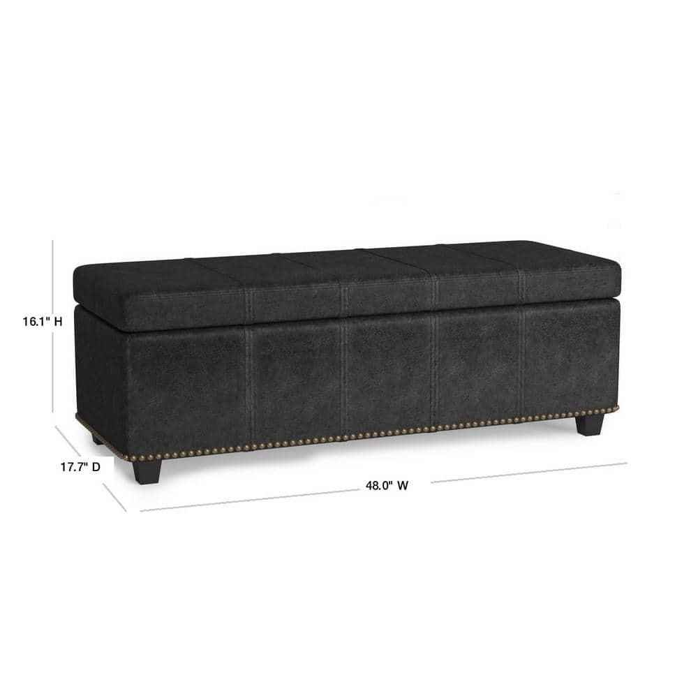 Simpli Home Kingsley 48"W Upholstered Storage Ottoman with Lift-Top Lid, Nailhead Trim, and Stitching Detail