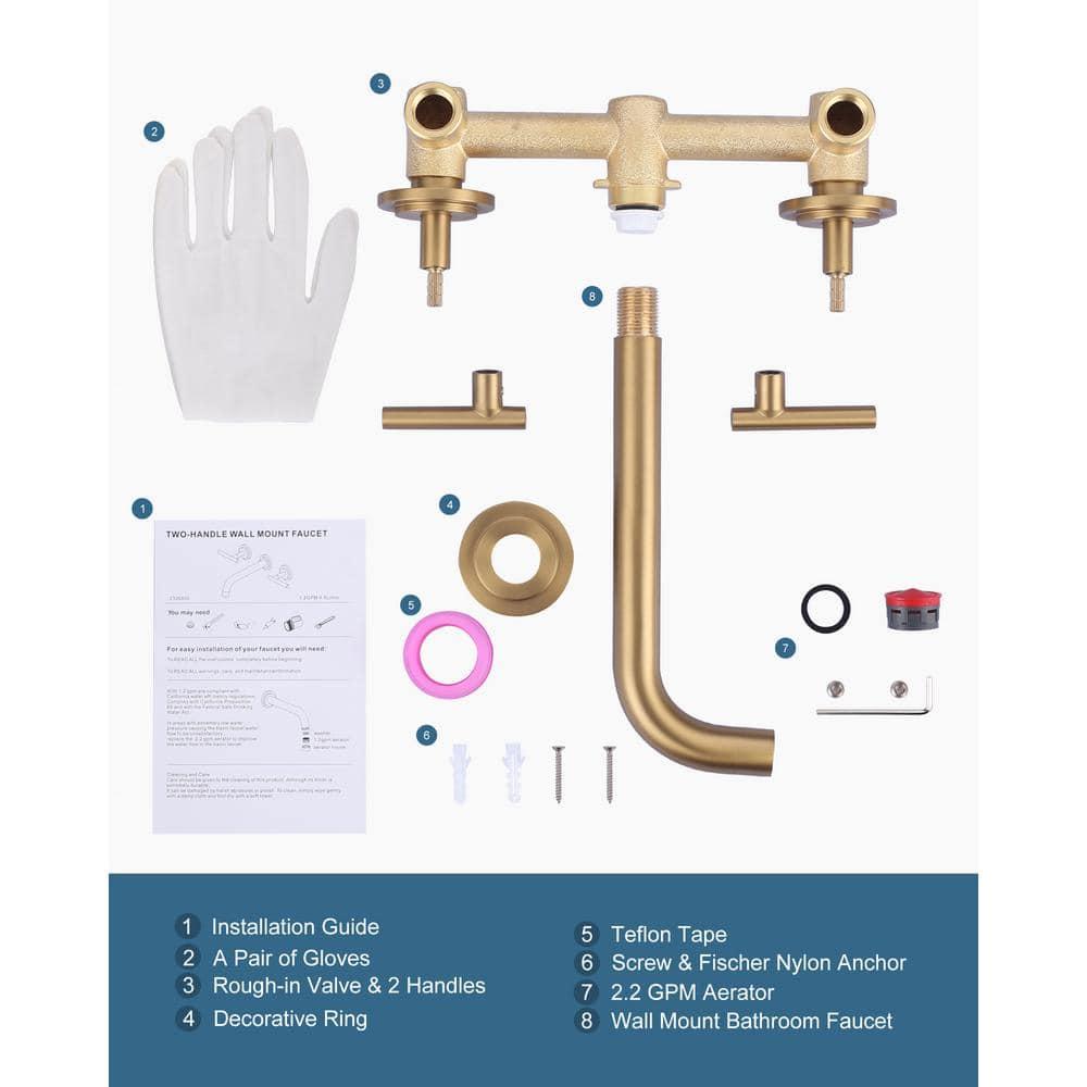 Double Handle Wall Mounted Bathroom Faucet in Solid Brass, Brused Gold