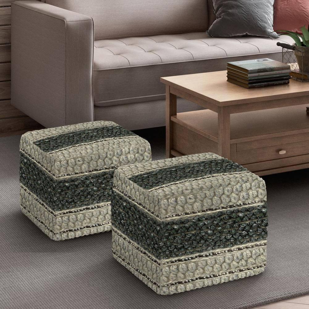 Grady Green and Natural Handloom Woven Square Pouf