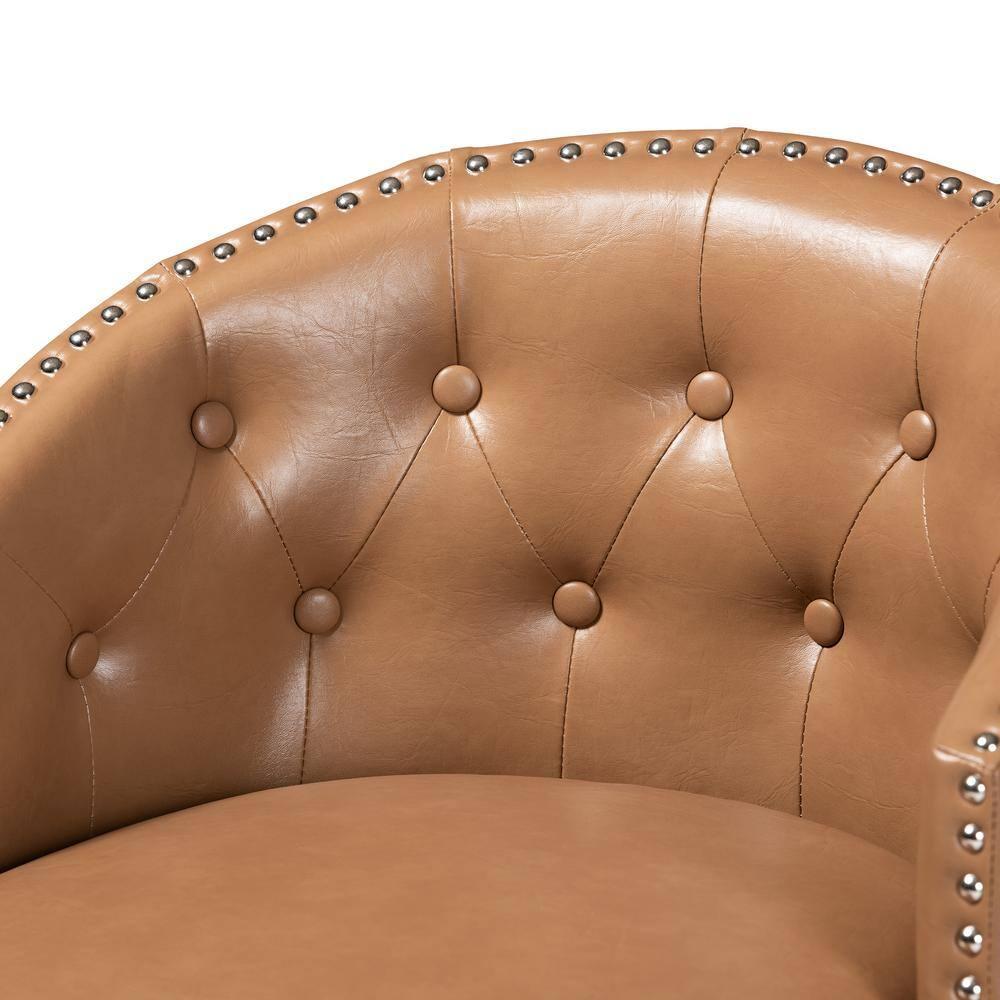 2pc Theron Faux Leather and Wood Swivel  Counter Height Barstool Set Tan/Espresso Brown - Baxton Studio: Mid-Century, Button-Tufted, Nailhead Trim