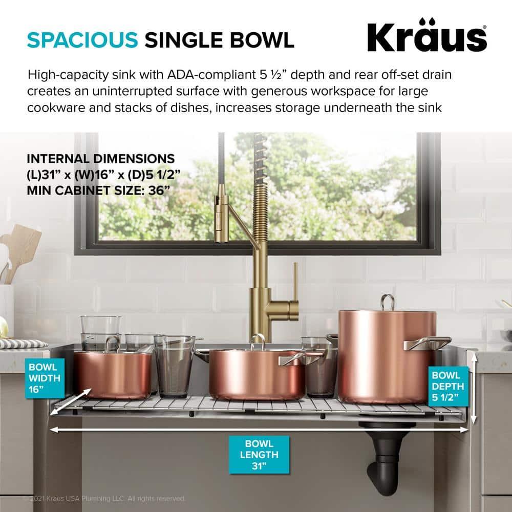 Kraus KWT310-33/5.5 Kore™ ADA Workstation 33" L Drop-In Top Mount 16 Gauge Stainless Steel Single Bowl Kitchen Sink with Accessories