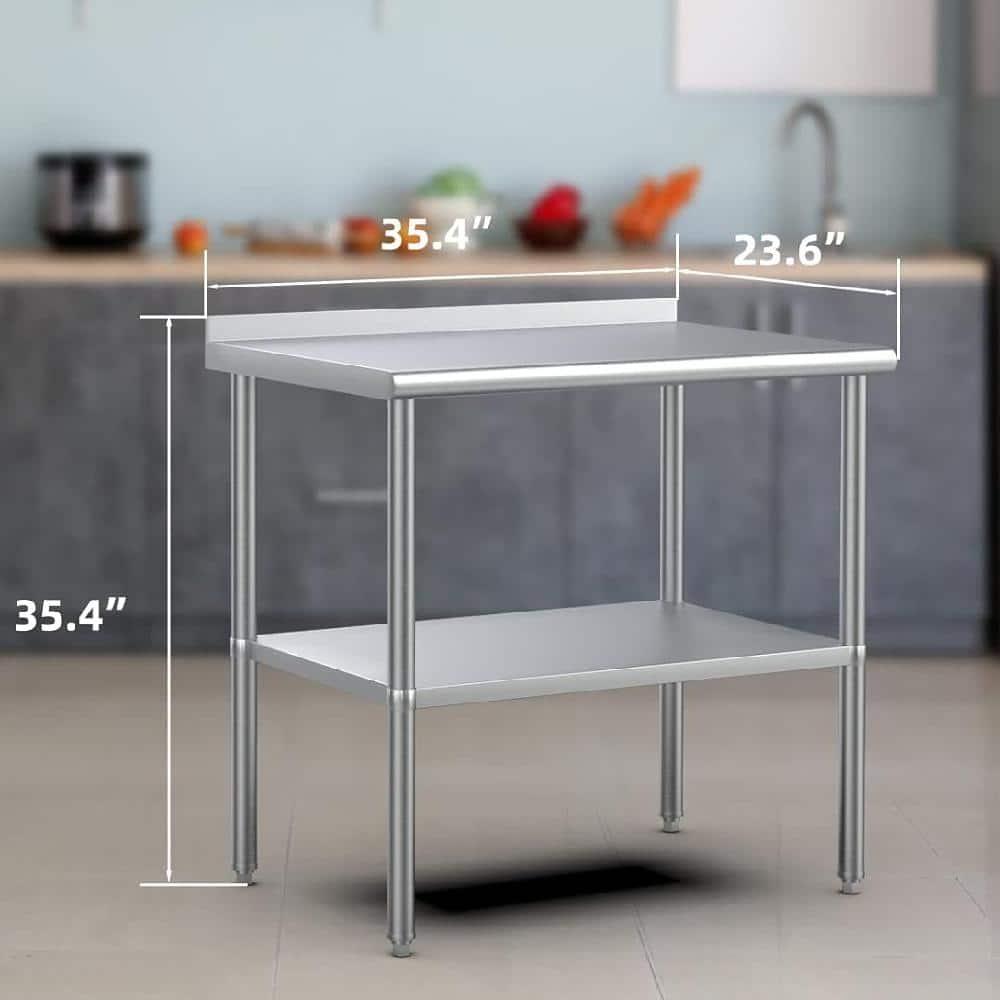 ROVSUN 36'' x 24'' Stainless Steel Table with Backsplash, Pre Work Table Metal Table for Kitchen Restaurant Home