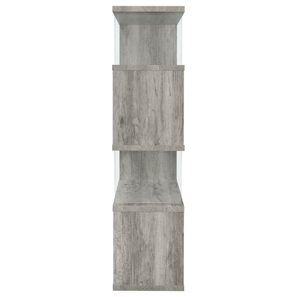 Coaster 63" Emelle 4 Shelf Zig Zag Bookcase with Glass Panels Gray Driftwood: Modern Style, Laminated Melamine Veneer, Metal Hardware