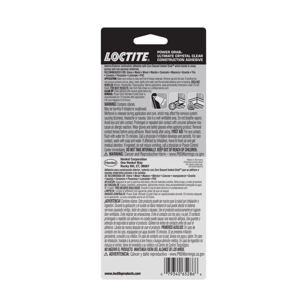 Loctite Power Grab Construction Adhesive Ultimate Crystal Clear, Pack of 1, Clear 2.7 fl oz Tube
