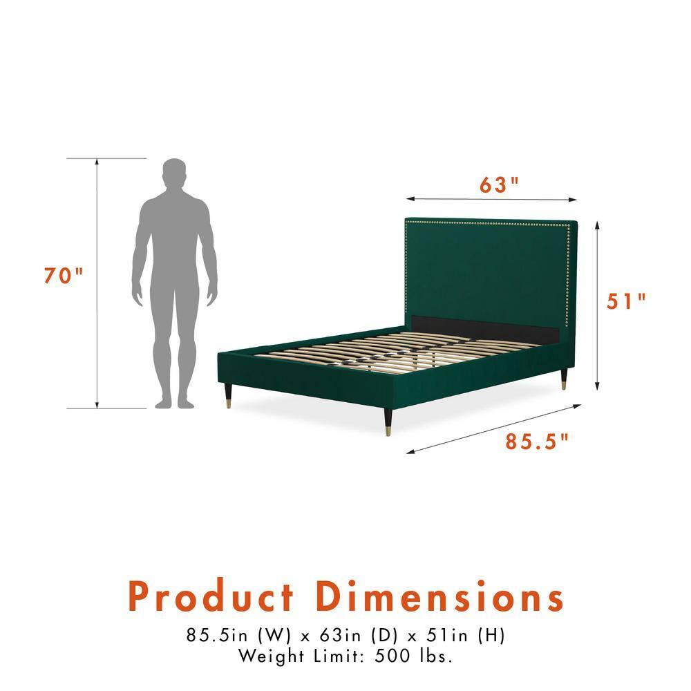CosmoLiving by Cosmopolitan Queen Audrey Velvet Upholstered Bed Emerald Green: Luxury Glam Style, No Box Spring Needed