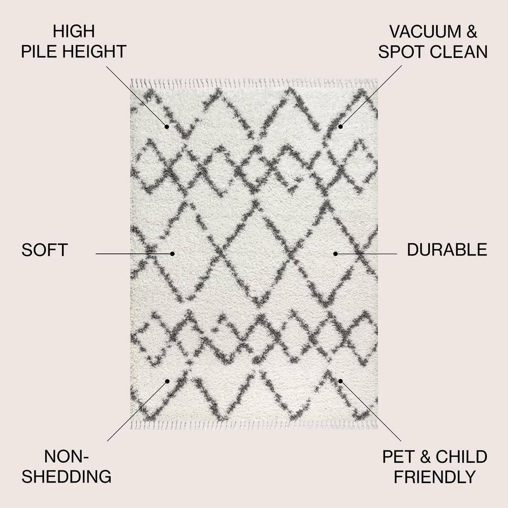 8'x10' Mercer Shag Plush Tassel Moroccan Geometric Trellis Area Rug, Cream/Grey - JONATHAN Y