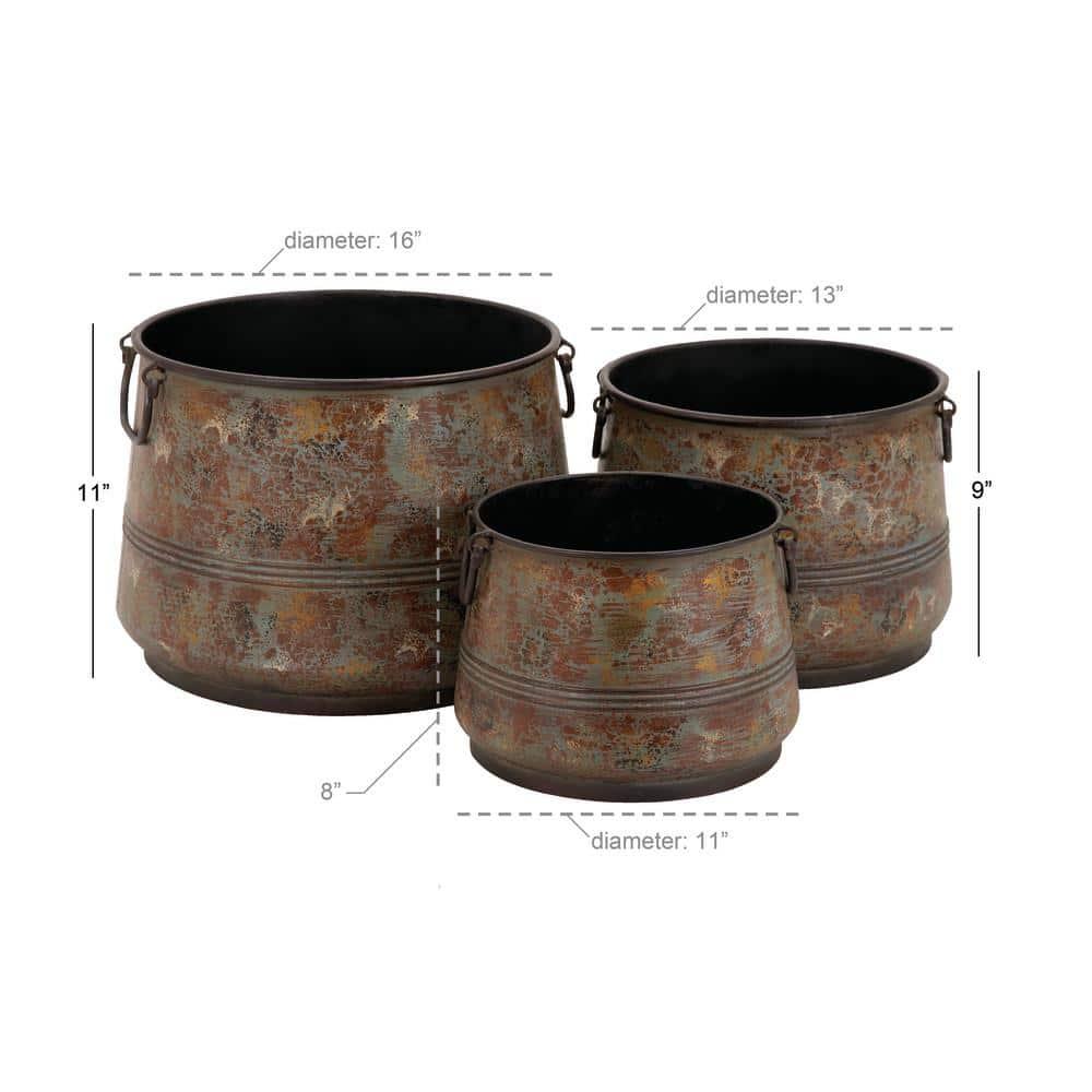 Gracie Oaks Cowden 3 Piece Metal Distressed Bucket Style Indoor Outdoor Bronze Planter with Side Ring Handles Set