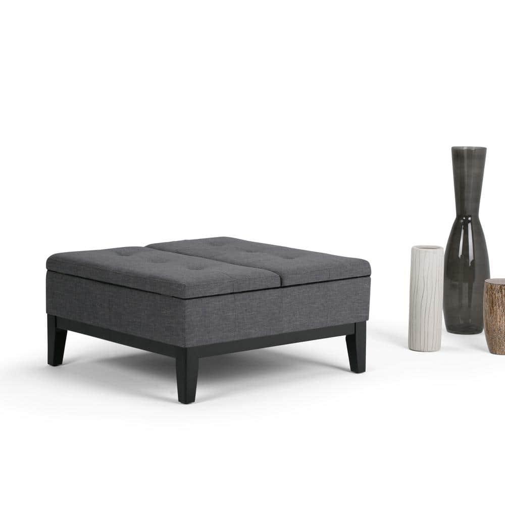 Simpli Home Dover 36"W Upholstered Square Coffee Table Storage Ottoman with Split Tufted Lift Top