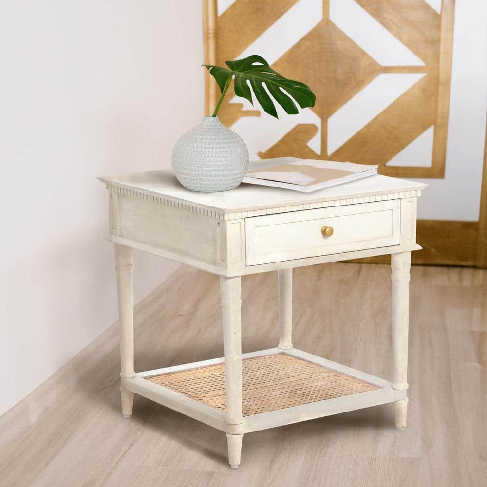Creative Co-Op Maxwelton Solid Wood End Table with Drawer and Woven Cane Storage Shelf, Distressed White and Natural
