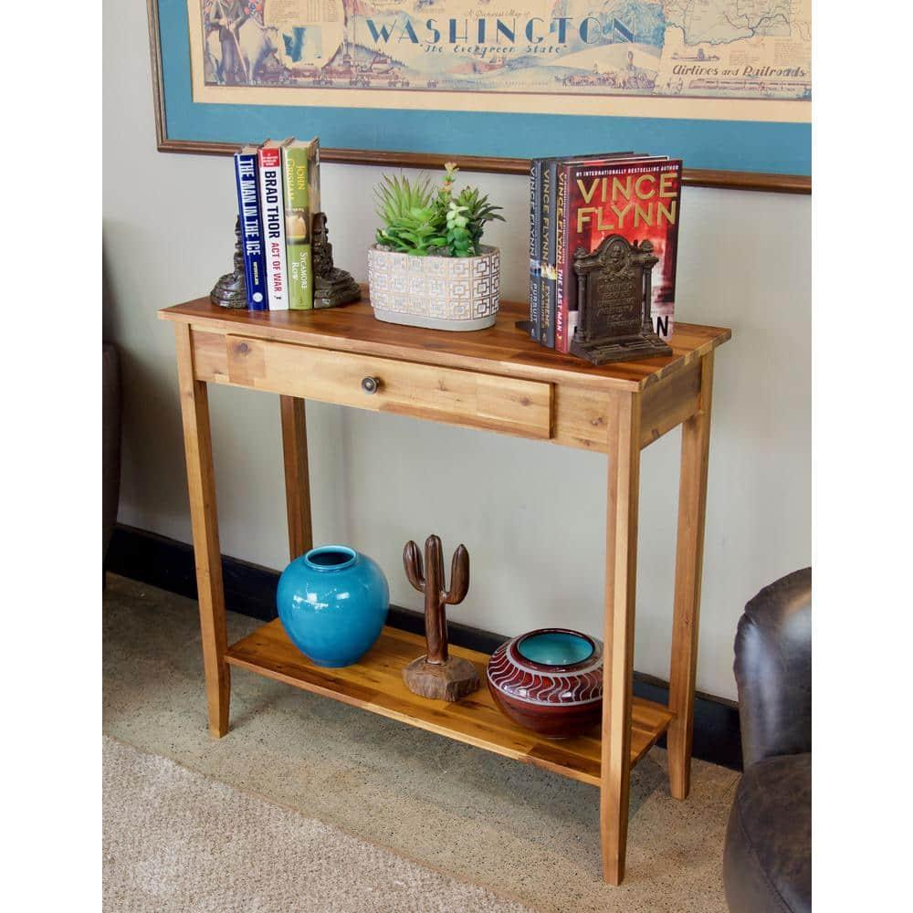 Casual Contemporary Living Solid Acacia Console Table with Drawer & Bottom Shelf- Natural