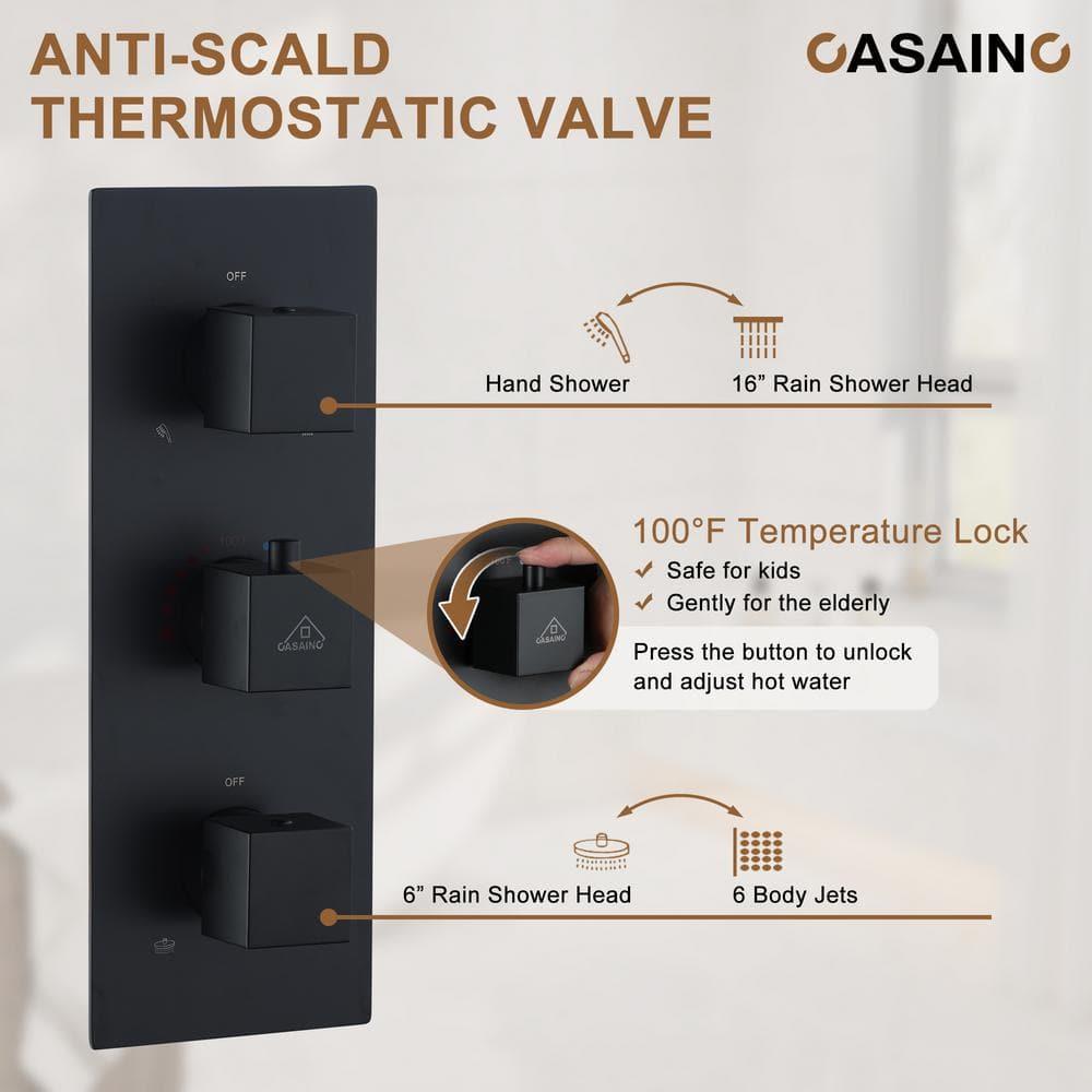 CASAINC Rainfall Symphony 16inch Dual Shower Head Rainfall Thermostatic Shower System with 16-inch Slide Bar and Body spray KCHS0019-16MB