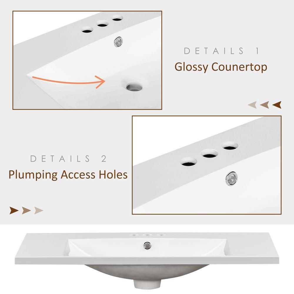 36" Countertop Bathroom Sink, Resin Bathroom Sink With Faucet Holes, Bathroom Vessel Sink, Stain-Resistant Countertop Basin, White
