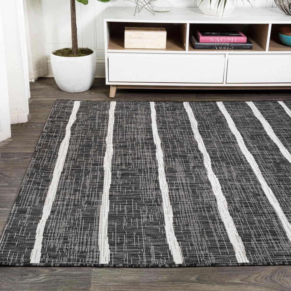 3'x5' Colonia Berber Stripe Indoor/Outdoor Area Rug, Black/Ivory - JONATHAN Y