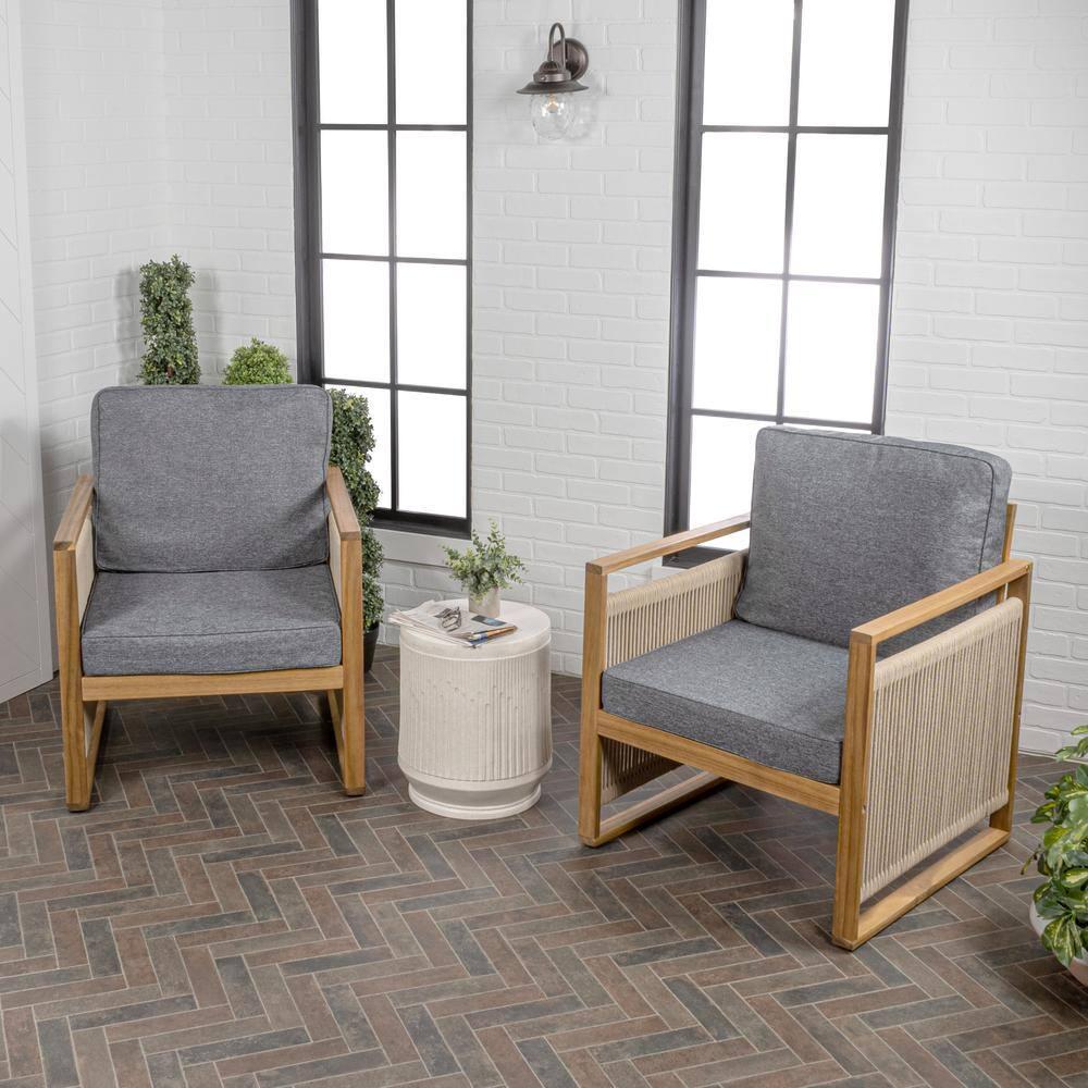 Gable Mid-Century Modern Roped Acacia Wood Outdoor Patio Chair with Cushions, Gray/Teak Brown (Set of 2) - JONATHAN Y