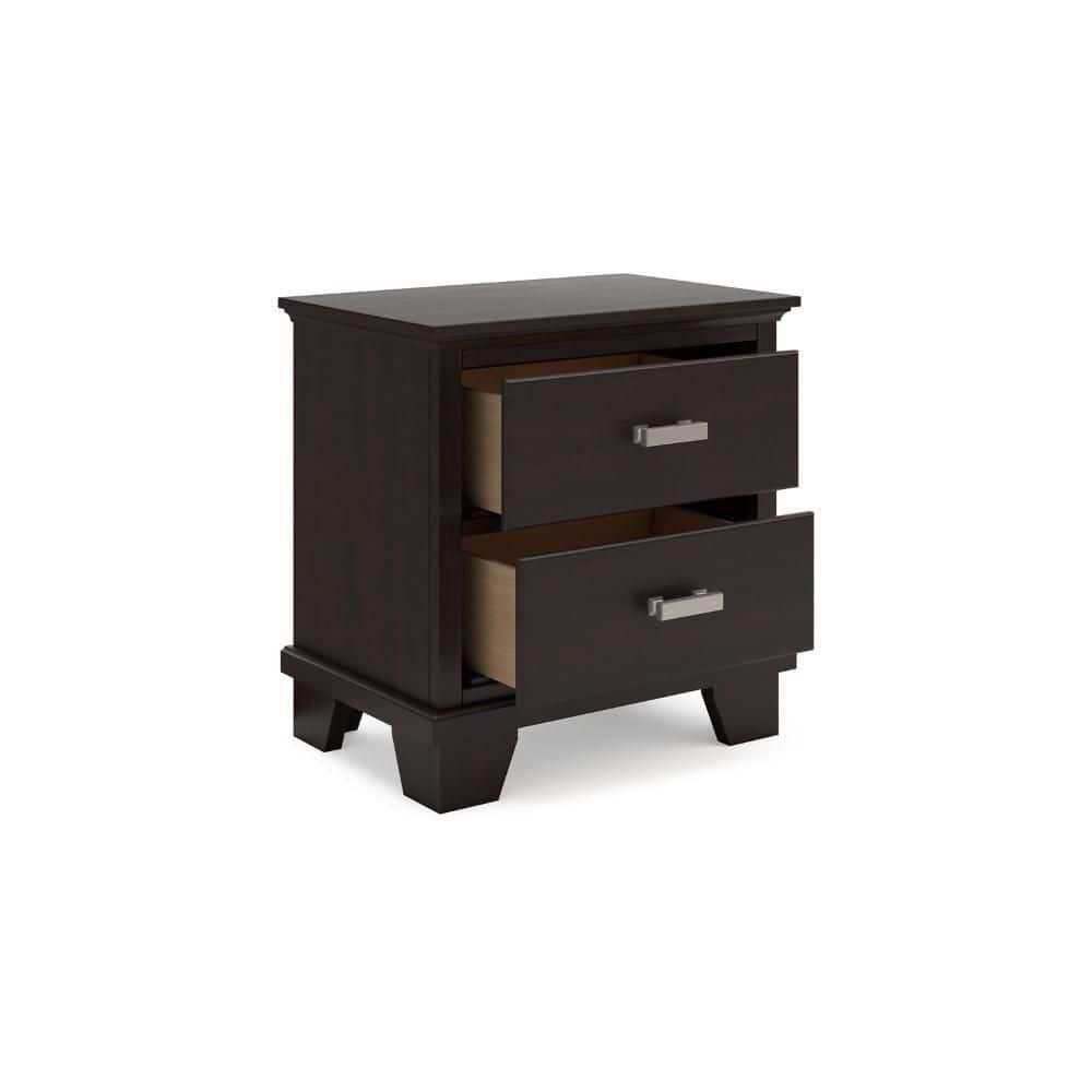 Benjara Teno Nightstand, 2 Drawers, Nickel Handles, Dark Brown Solid Hardwood