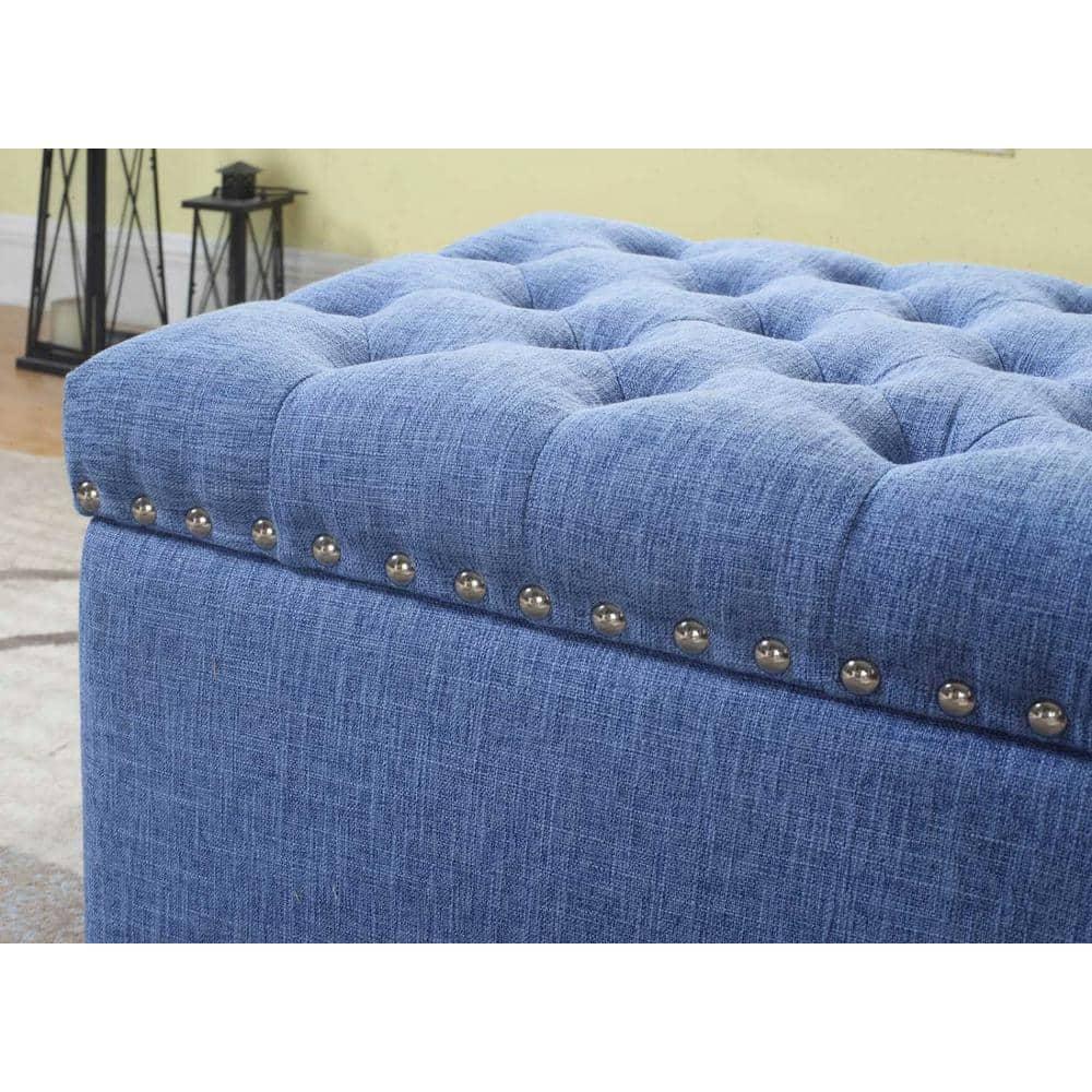 Nathaniel Home, Modern Storage Ottomans, Rectangular Ottomans with Storage, Nailhead Trim Ottomans, Upholstered Ottoman Coffee Table for Bedroom Blue