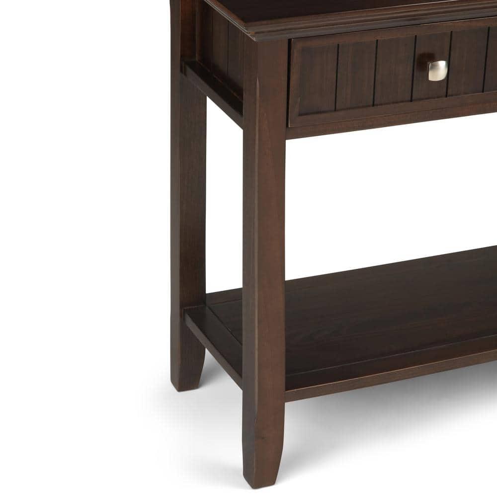 Simpli Home Acadian 60"W Solid Wood Wide Storage Console Table in Brunette Brown with Three Drawers and Open Shelf