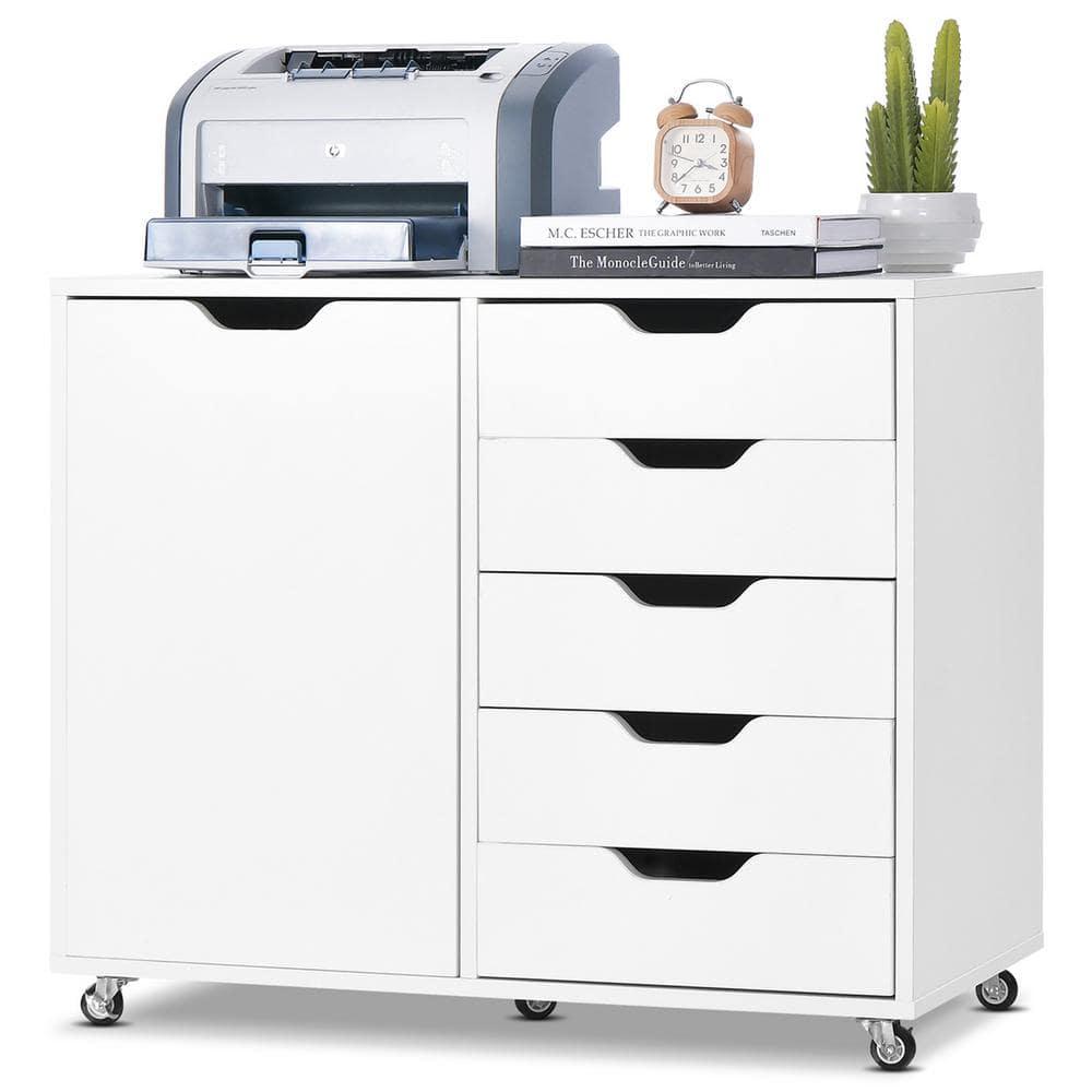 5-Drawer Chest with 1 Door, Wooden Chest of Drawers Storage Dresser Cabinet with Wheels, Office Organization and Storage, Bedroom Furniture (White-S)