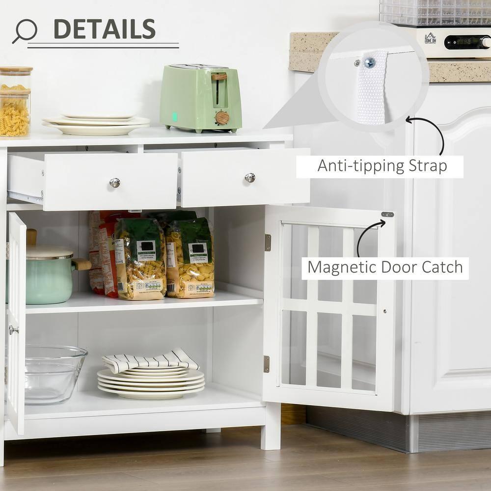 HOMCOM Sideboard Buffet Cabinet, Storage Cupboard with Glass Doors, Adjustable Shelf and 2 Drawers for Kitchen, White