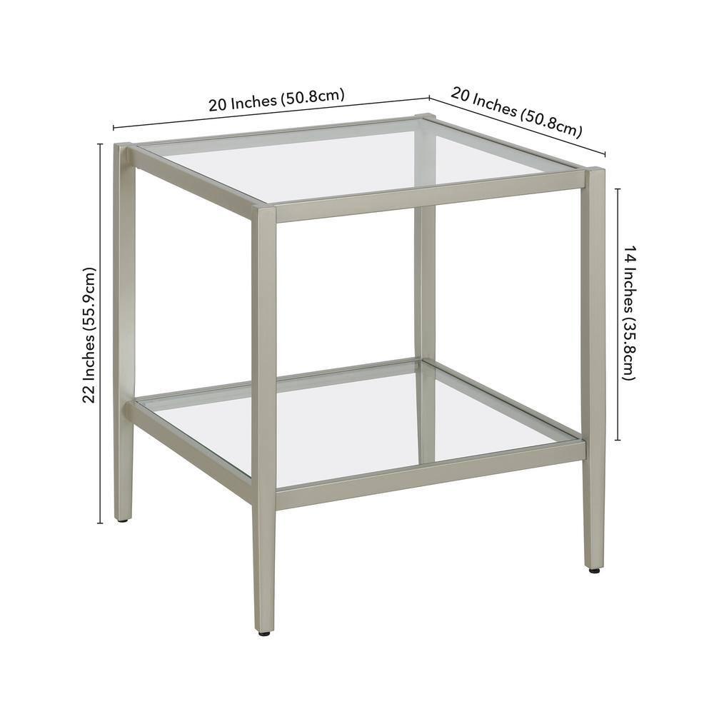 Evelyn&Zoe Hera 20" Wide Square Side Table with Glass Shelf, Satin Nickel